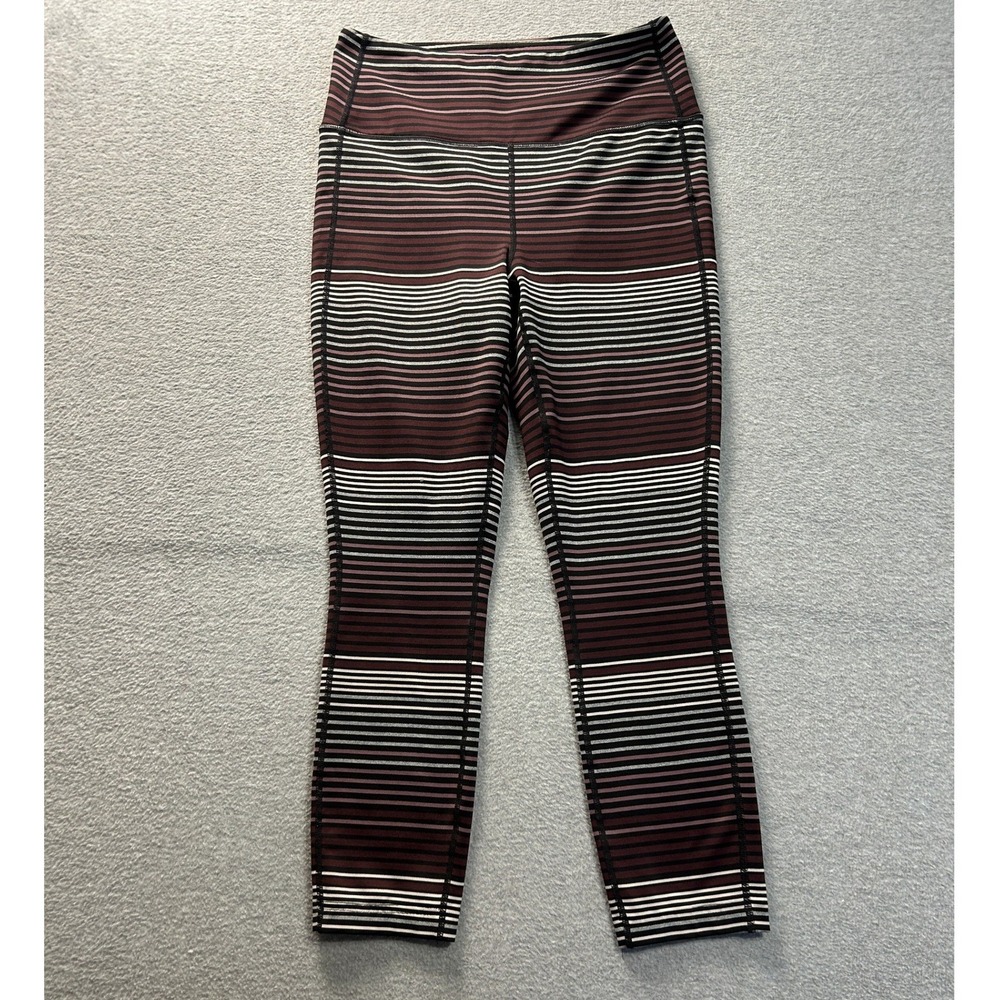 Athleta Ankle Leggings Womens Small Striped Black Burgundy Yoga Workout Pants